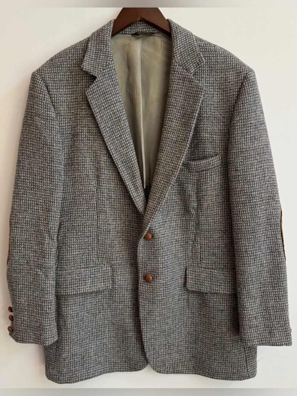 Vintage Harris Tweed Men’s 44R Scottish Wool Sport Coat Grey USA Made In 80s